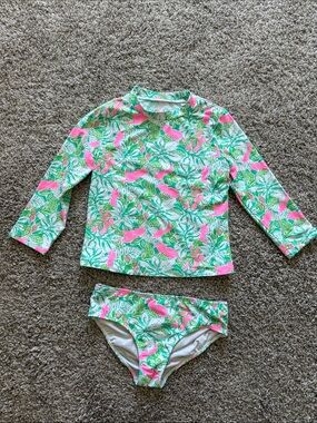 Lilly Pulitzer Kids Long Sleeve Rash Guard Two-Piece Swimsuit in Pink & Green